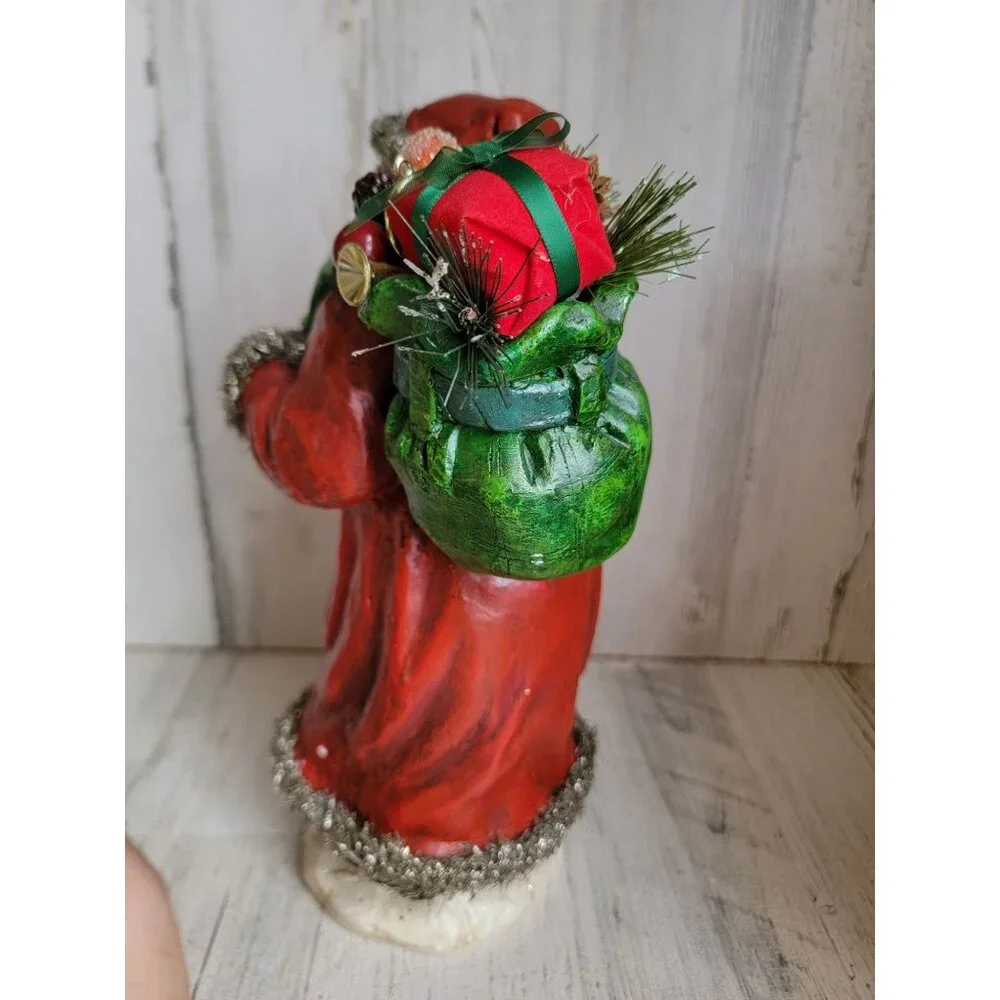 Vintage‎ santa claus tinsel robe basket xmas decor Woodland sack toy
